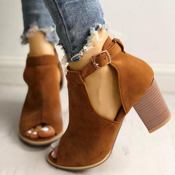Women's Suede Chunky Heel Ankle Boots With Buckle shoes