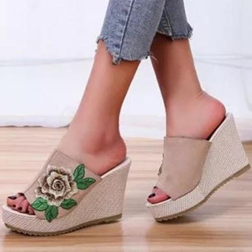 Women's Flower Round Toe Nubuck Wedge Heel Slippers