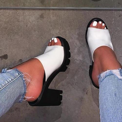 Chunky Heel Sandals Pumps Peep Toe Slippers Heels Round Toe With Solid Color shoes