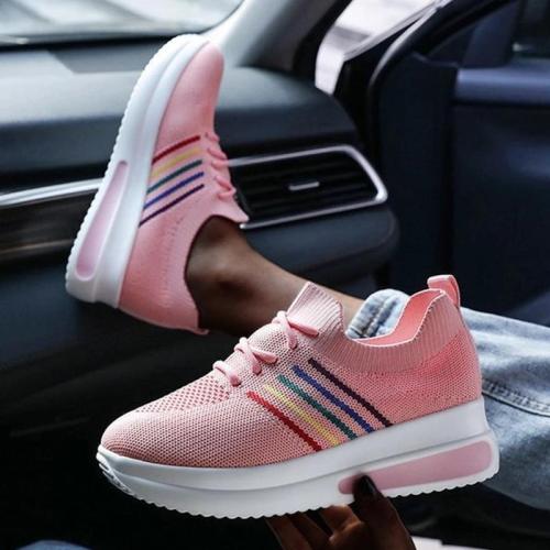 Women Casual Fashion Flyknit Fabric Color-Blocking Lace-up Platform Sneakers