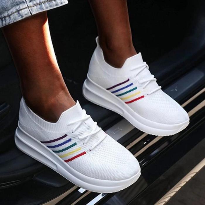 Women Casual Fashion Flyknit Fabric Color-Blocking Lace-up Platform Sneakers