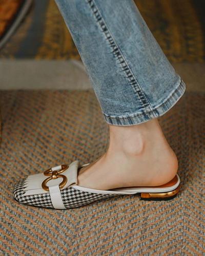 Patchwork Sqaure-toe Flat Mule Slip-on Shoes
