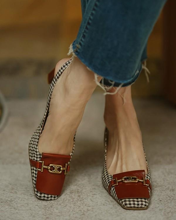 Square-toe Houndstooth Print Splicing Buckle PU Leather High Heels