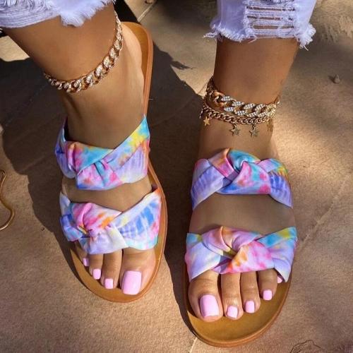 Women Casual Fashion Cloth Color-Blocking Bowknot Flat Sandals Slippers