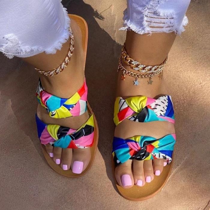 Women Casual Fashion Cloth Color-Blocking Bowknot Flat Sandals Slippers
