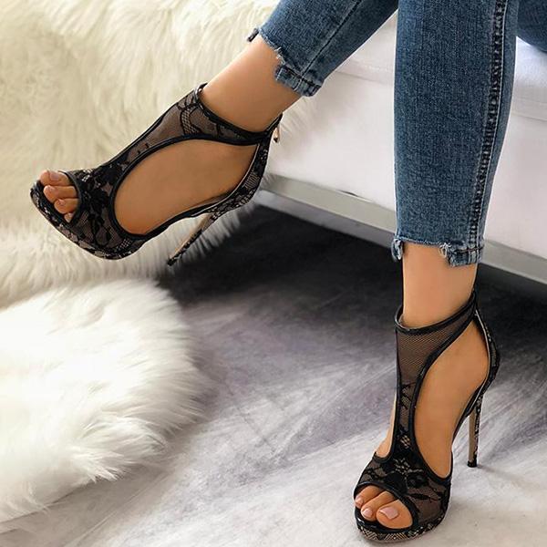 Open Toe Cutout Lace Thin Heel Sandals