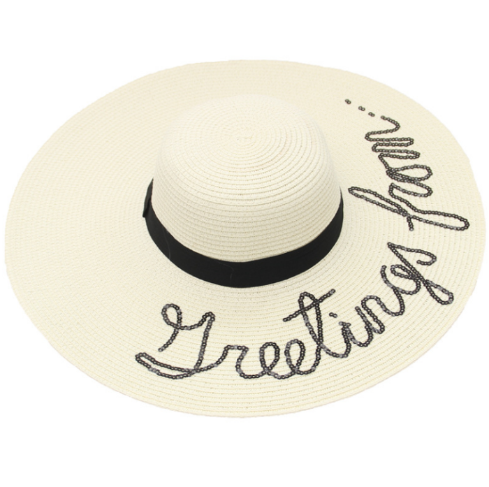 Women Fashion Summer Big Wide Brim Straw Hat  Letter Embroidery Beach Hat