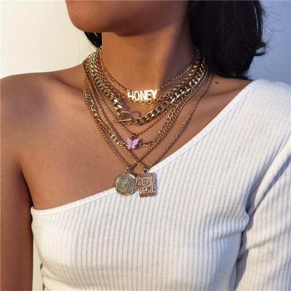 7PCS Honey Butterfly Pendant Studded Charm Necklace