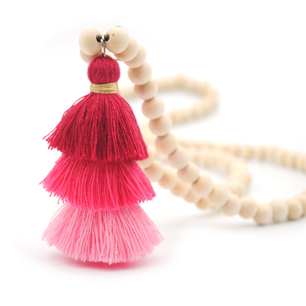Womens Wood Beads Tassel Long Necklace