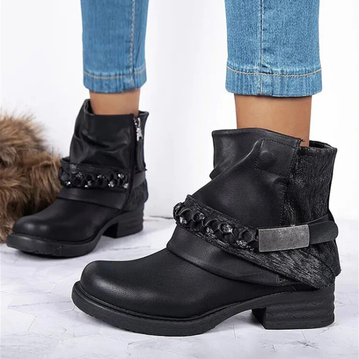 Large Size Women Retro Patchwork Crystal Buckle Design Side-zip Comfy Short Boots