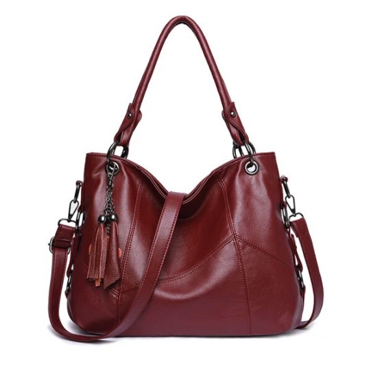 Genuine Leather Tassel Pendant Plaid Handbag Crossbody Bag For Women
