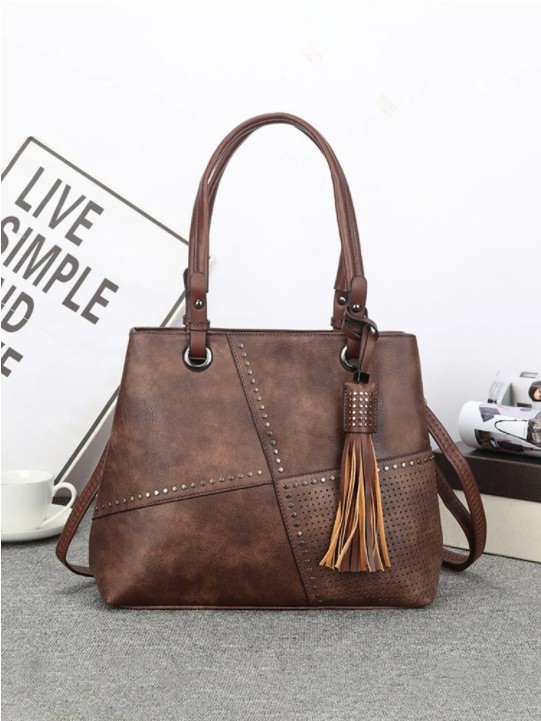 Simple Studded Design Tassel Decor Handbag Double Zipper Pocket Texture Hardware Crossbody Bag