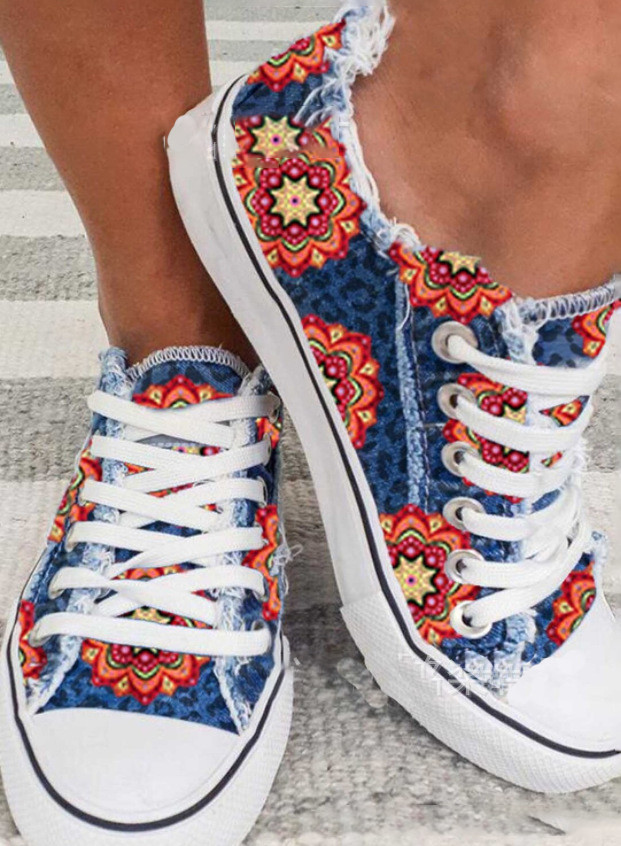 Women's Sneakers Flower Print Canvas Lace-up Sneakers