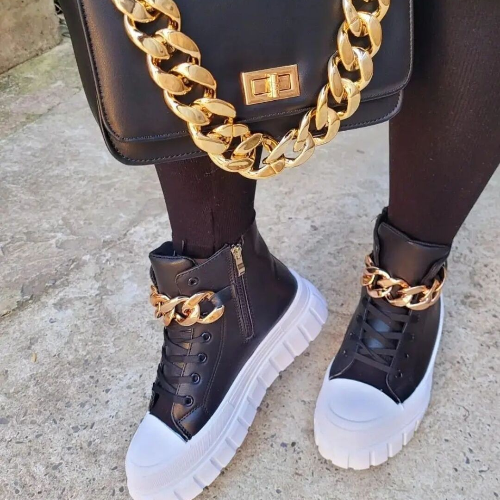 Thick-Soled Metal Chain Leather Sneakers