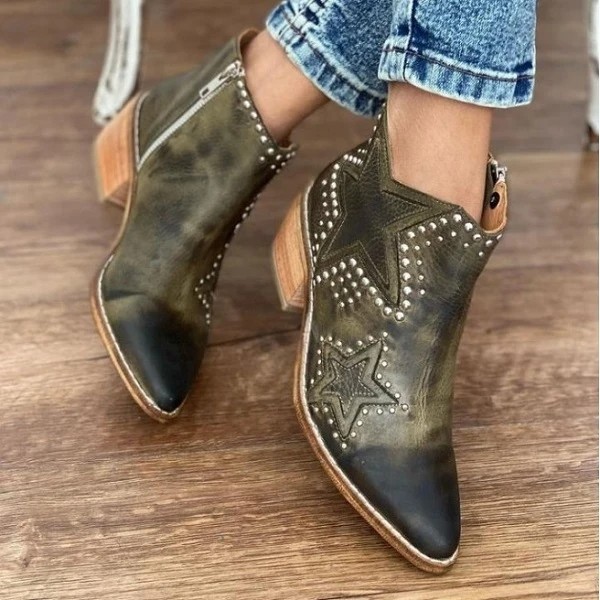Pointed Toe Rivet Block Heel Ankle Boots
