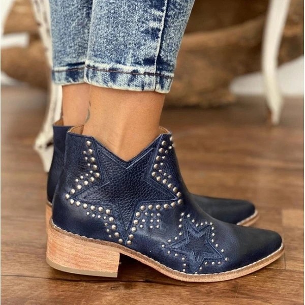 Pointed Toe Rivet Block Heel Ankle Boots