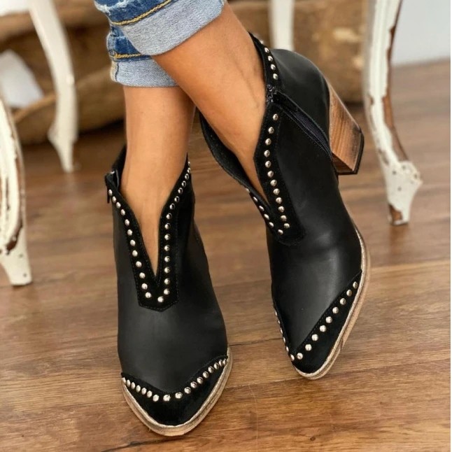 Faux Leather Pattern Wooden Chunky Heel Boots