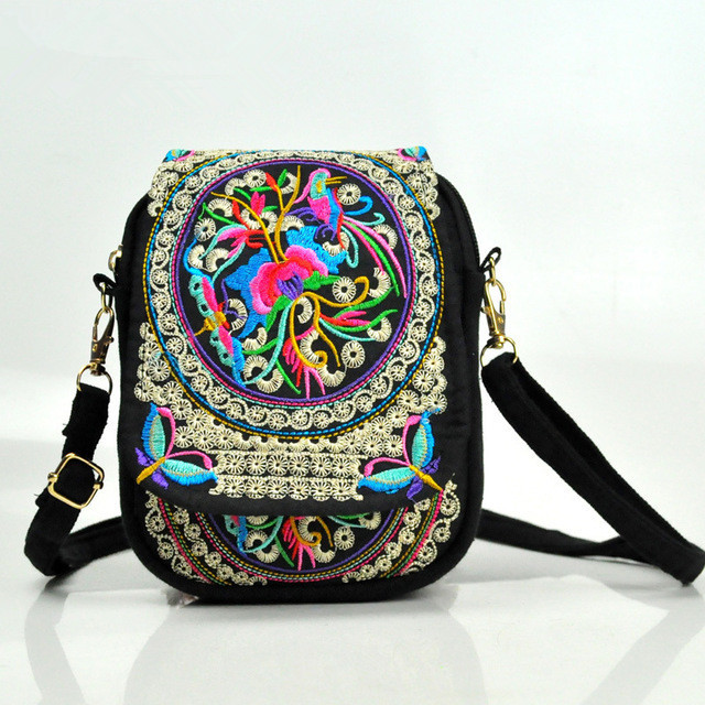 Women Vintage Embroidery Zero Wallet Mobile  Phone Packages Handbag Shoulder Bag