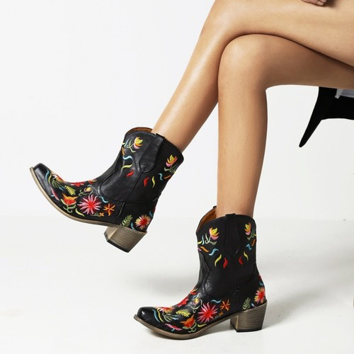 Embroidered Flowers Low-Heel Boots