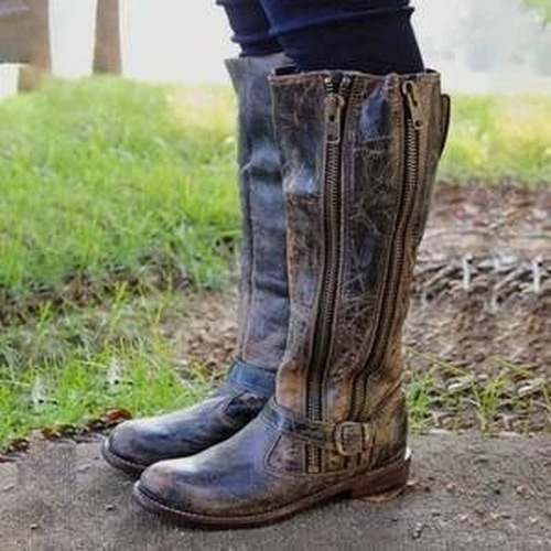 Belt Buckle Round Toe Knight Boots