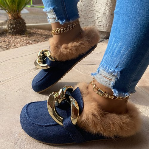 Comfortable Faux Fur Large Chain Slippers