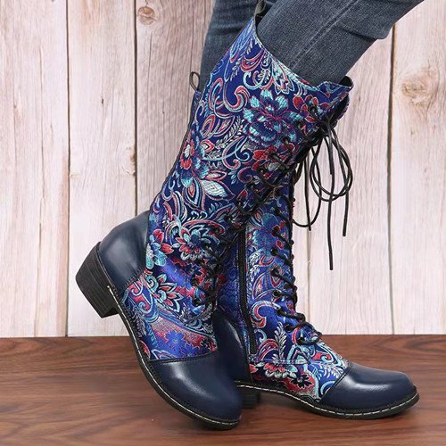 Winter Women Boots Gorgeous Flowers Pattern Colorful Stitching Elegant Zipper Lace Up Flat Mid Calf Boots