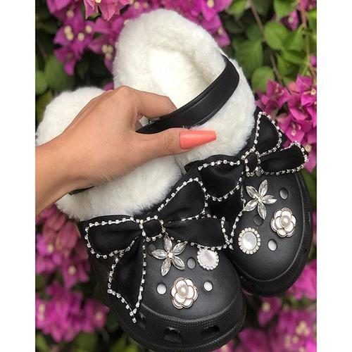 Floral Bowknot Pattern Rhinestone Lined Fluffy Slippers
