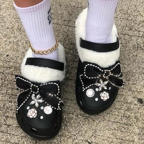 Floral Bowknot Pattern Rhinestone Lined Fluffy Slippers