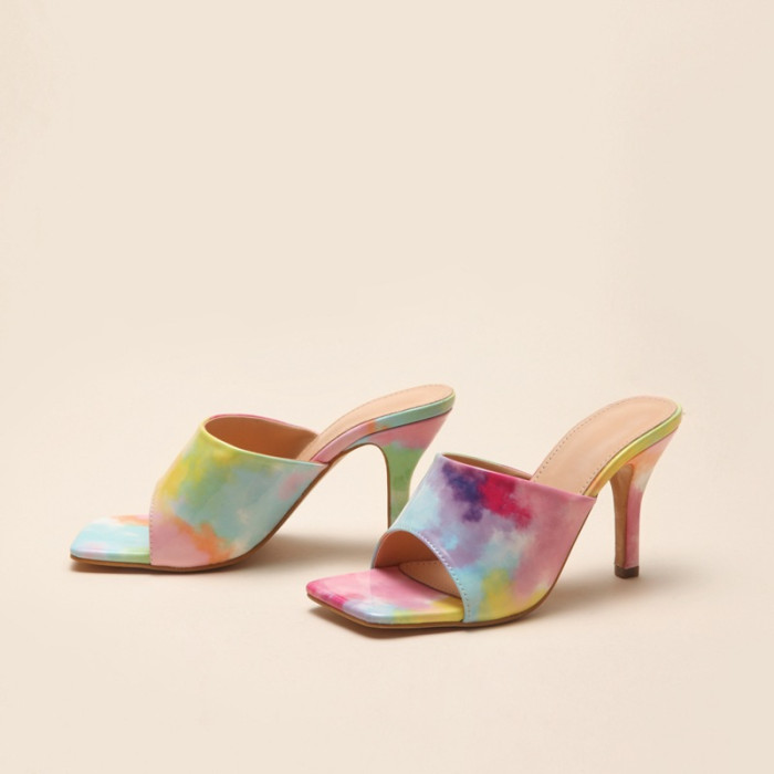 Square Head Fish Mouth Rainbow High Heel Slippers