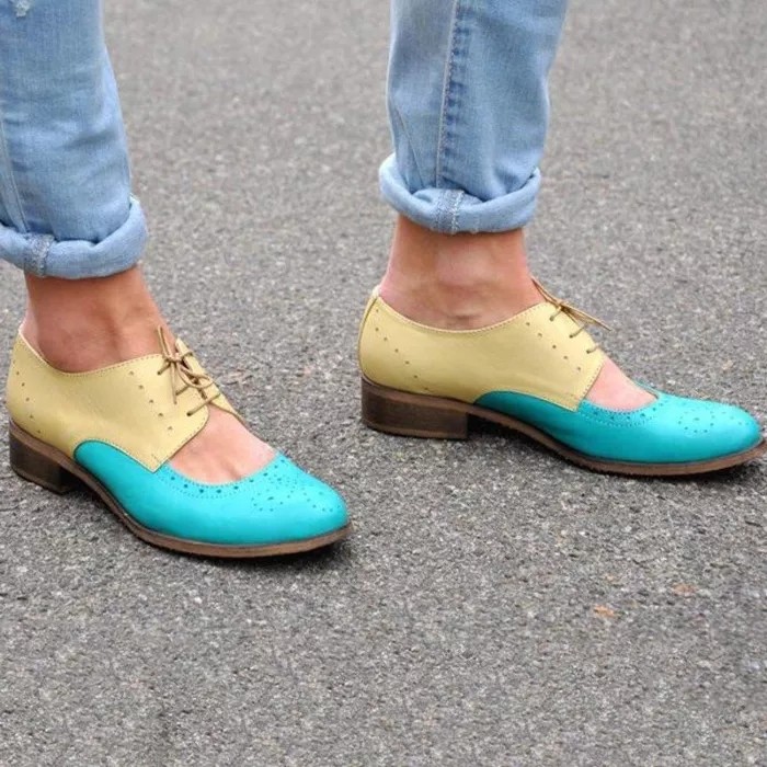 Womens Color Block Leather Cutout Oxfords Loafers Shoes
