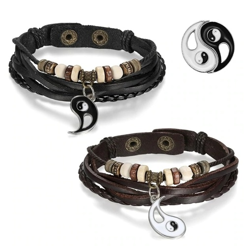 Matching Leather Ying Yang Couple Bracelet