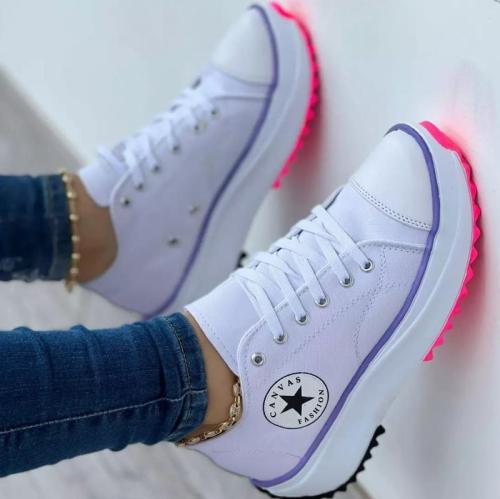 Women's Fashion Canvas Color-Blocking Lace-up Platform Heel Sneakers