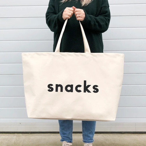 Snacks Really Big Bag - Weekender Bag - Giant Canvas Grocery Bag - Large Canvas Shopper - Oversized Canvas Bag - Large Tote Bag