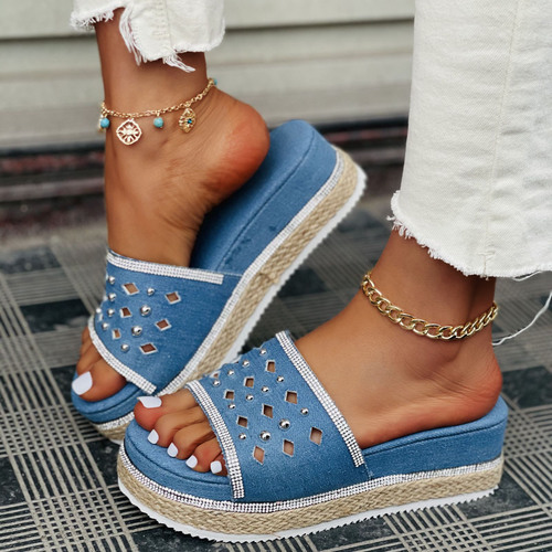 Women's Rhinestone Denim Platform Sandals
