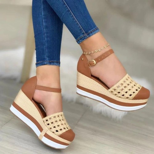 Women's Casual Comfortable Hollow-out Adjusting Buckle Wedge Heel Sandals