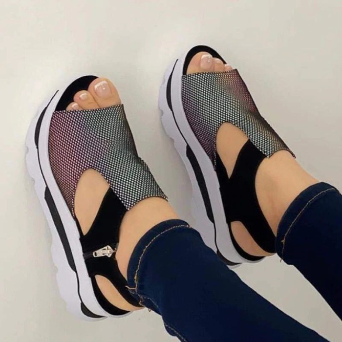Women's Fashion Athletic Mesh Peep Toe Zipper Platform Heel Sandals