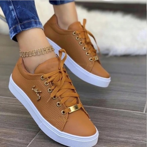 WOMEN'S CASUAL DAILY PURE COLOR ALL SEASON FLAT LACE-UP SNEAKERS