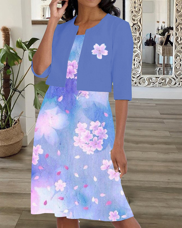Two-piece Oversized Floral-print Blazer Midi Dress