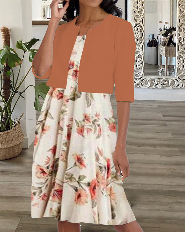 Two-piece Oversized Floral-print Blazer Midi Dress