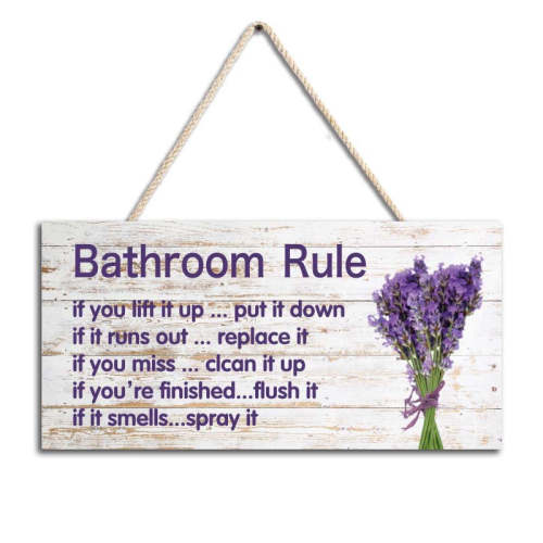 Lavender Bathroom Rules Hanging Sign