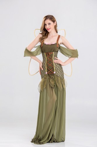 S-XL Adult Women Angel Elf Flower Fairy Tinker Bell Costume Halloween Party Fairy Tale Green Forest Cosplay Fantasia Dress
