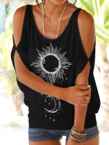 Sun & Moon Totem Hollow Shoulder T Shirt