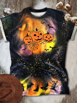Halloween Pumpkin And Bats Polar Lights Print Short Sleeve T-Shirt
