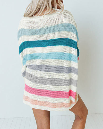 Batwing Sleeve Oversized Pocket Striped Knit Top