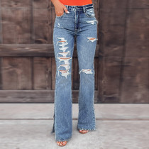 Stylish Washed Shredded Micro Flare Slit Jeans