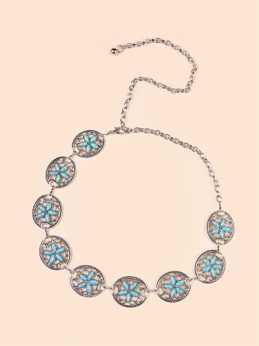 Western Turquoise Flower Studded Carved Chain Belt