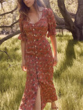 Vintage Floral Puff Sleeve Buttonthrough Maxi Dress