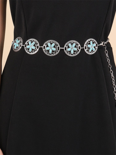 Western Turquoise Flower Studded Carved Chain Belt