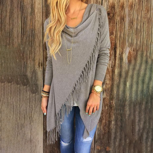 Solid Color Casual Fringe Long Sleeve T-Shirt
