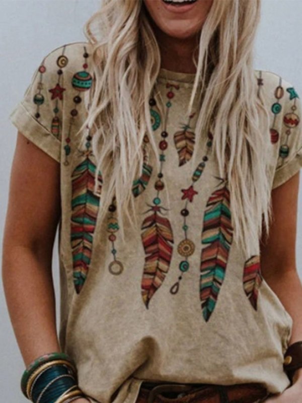 Colorful Feather Print T-Shirt